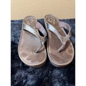 Olukai Womens Leather Platform Flip Flops Size 8 Brown